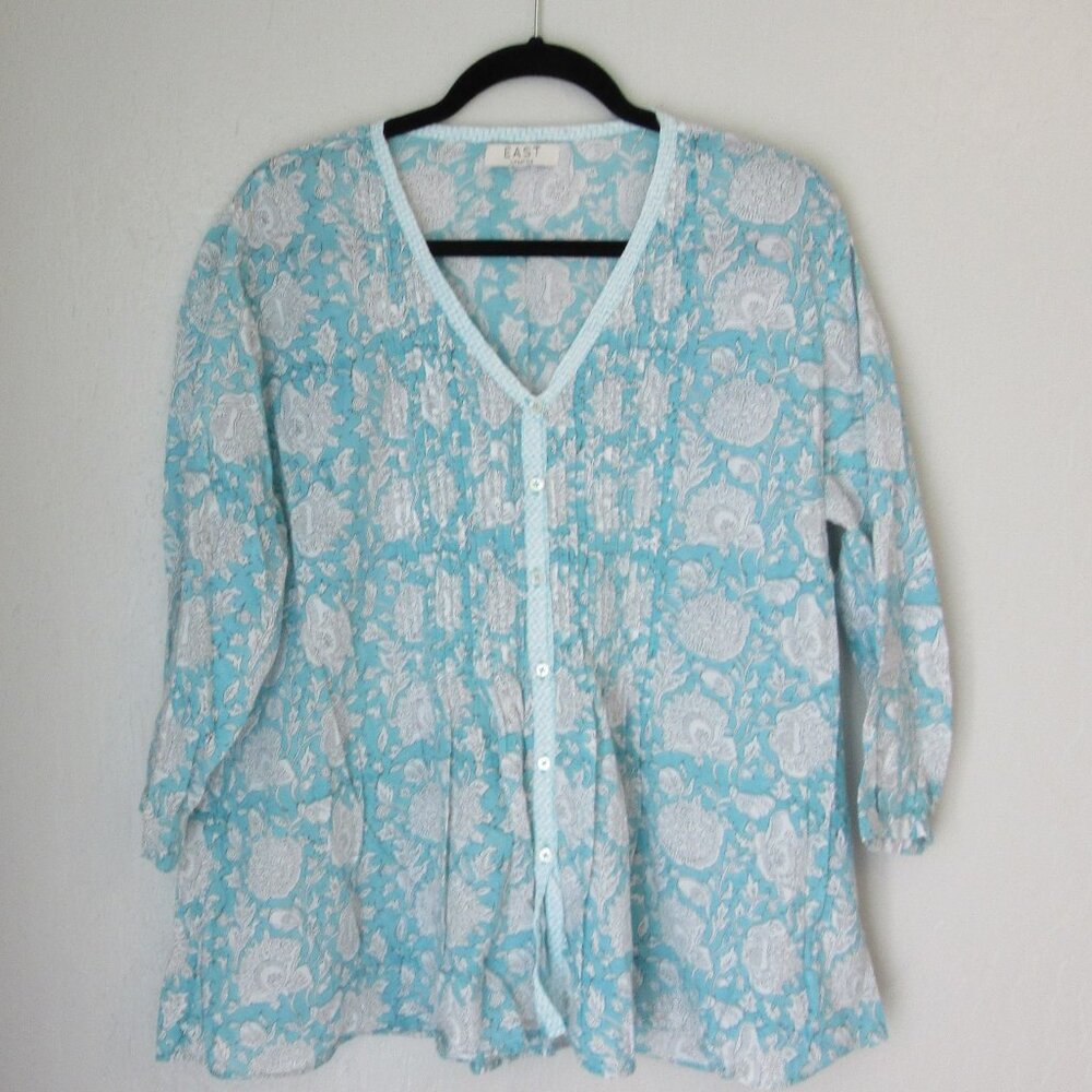 EAST Lifestyle Blue Floral XL 3/4 Sleeve Button Closure 100% Cotton Blouse